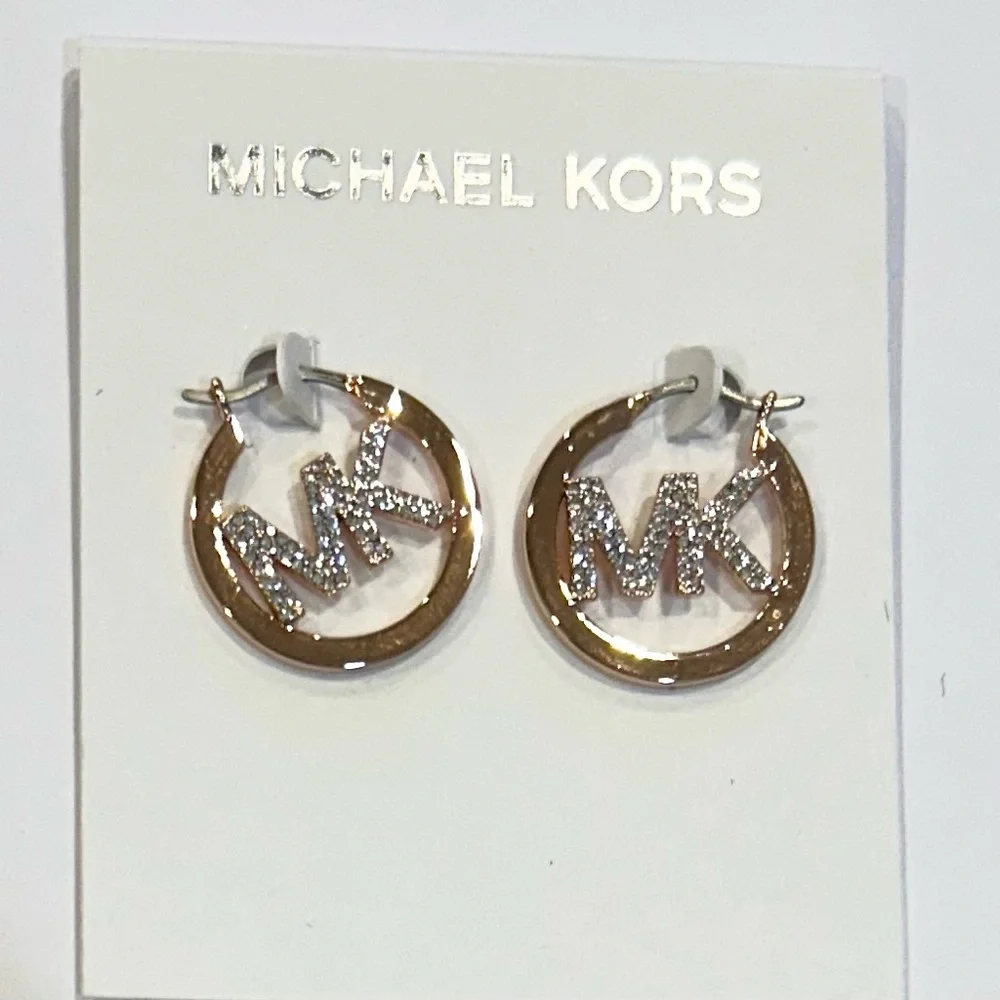 Michael Kor Rose Gold-Tone Pave Hoop Earrings NWT